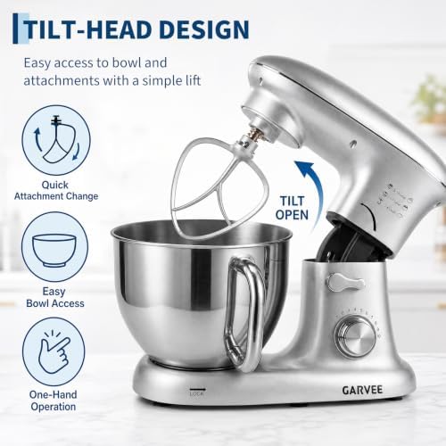 Garvee 5.3 QT Tilt-Head Stand Mixer, 500W Motor, 10-Speed Electric Kitchen Mixer with Stainless Steel Bowl, Dough Hook, Flat Beater & Wire Whisk for Bread Dough, Cake, Cookies & Pizza, Silver