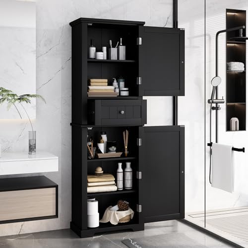 Merax 67.3" Pantry Cabinet with Three Doors & One Drawer, Adjustable Shelves Storage Cupboard for Kitchen/Dining Room/Bathroom, Black