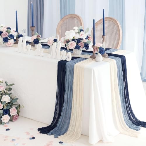 6 Pcs Navy and Dusty Blue Cheesecloth Table Runner 118" Coastal