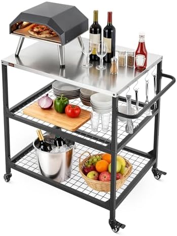 VEVOR Outdoor Grill Cart, 31.5 x 24.0 inch Stainless Steel Tabletop Size Grilling Table, Outdoor Cooking Table with 4 Wheels & Side Handle, Two Mesh Shelves, BBQ Prep Tables for Patio, Garden