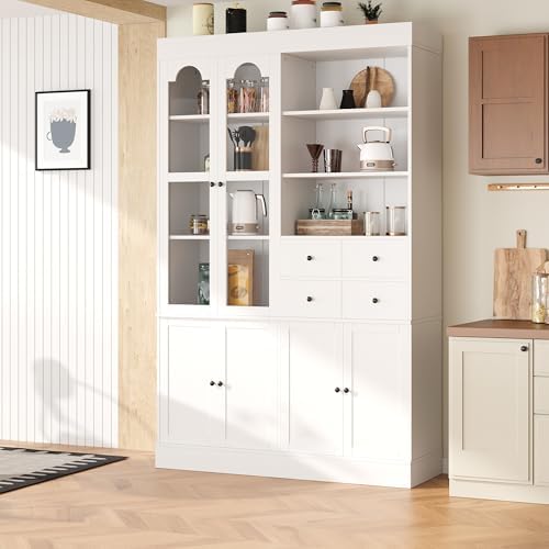Merax Wood Kitchen Pantry with 4 Drawers, 3 Cabinets and Hutch, Tall Cupboard Dining Storage Cabinet with Door Shelves and Pull-Out Trays for Living Room, Kitchen, Dining Room White