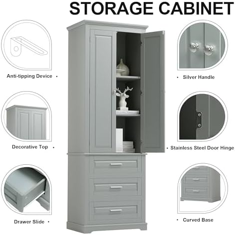 Merax 70" Pantry Cabinet with Two Doors & Three Drawer, Adjustable Shelves Storage Cupboard for Kitchen/Dining Room/Bathroom, Gray