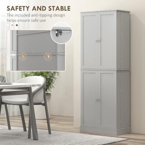 HOMCOM 65" Kitchen Pantry Storage Cabinet 16 Door Shelves Gray