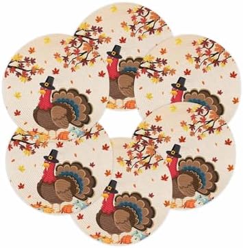 Fall Round Placemats Set of 6 Thanksgiving Harvest Pumpkin Turkey Place Mats Washable Woven Placemat Orange Maple Leaves Circle Braided Table Mat for Kitchen Dining Holiday Party Fall Decor 15 Inch