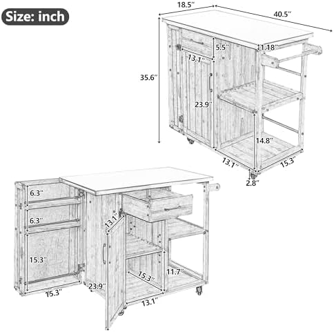 Merax 40.5" Outdoor Grill Cart Table with Storage Cabinet & Stainless Steel Top, Fir Wood Outdoor Kitchen Island on Lockable Wheels, Built-in Towel & Spice Racks for Patio BBQ Food Prep, White