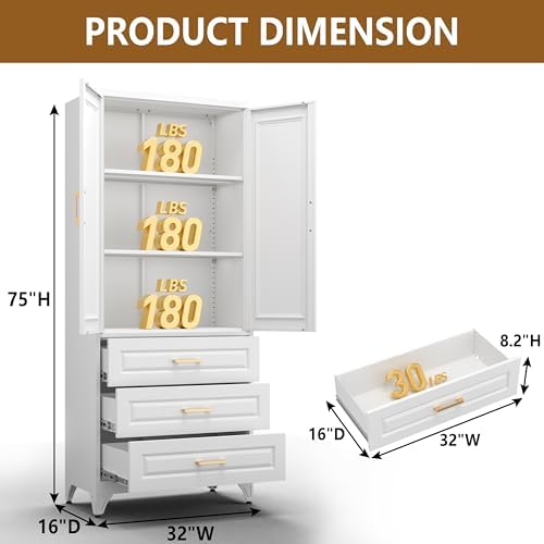 Polup 75" Metal Storage Cabinet, Kitchen Pantry Cabinet with 3 Drawers
