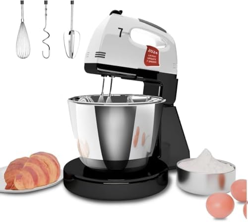 Stand Mixers, 7 Speeds With 3QT Stainless Steel Bowl, Stand and Hand Mixer with Dough Hook, Whisk, Mixing Beater for Baking, Cake, Cookie, Kneading (White)
