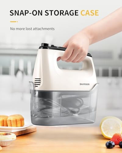 SHARDOR Hand Mixer Electric, 6 Speed & Turbo Mixer Electric Handheld, Snap-On Storage Case,5 Stainless Steel Accessories for Whipping, Mixing Cookies, Brownie, Cakes, Dough Batters, White