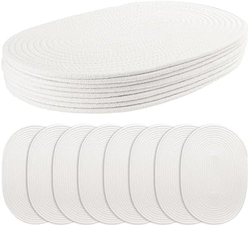 Oval Woven Placemats Set of 8 Heat Resistant Placemats 17 x 12 Inches Farmhouse Cotton Rope Place Mats for Dining Tables Trivets for Hot Dishes, White