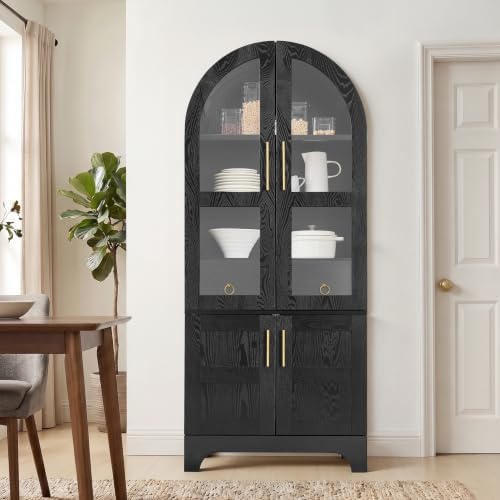 KEIKI 77" Arched Kitchen Pantry Cabinet with Glass Doors, Black