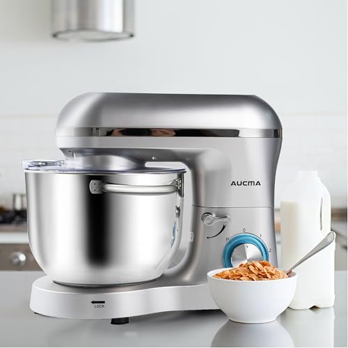 Aucma Stand Mixer,6.5-QT 660W 6-Speed Tilt-Head Food Mixer, Kitchen Electric Mixer with Dough Hook, Wire Whip & Beater (Silver, 6.5QT)