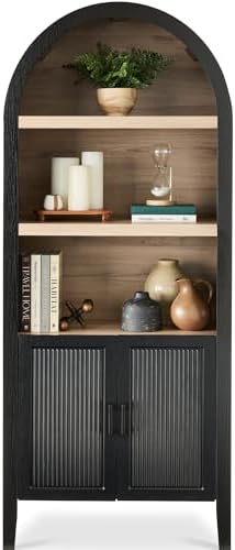 Best Choice Products 72" Tall Arched Pantry Cabinet w/Reeded Doors, 5-Tier Bookshelf, Armoire, Hutch, Bookcase, Storage Cabinet w/Adjustable Shelves, for Dining Room and Livingroom - Black Oak
