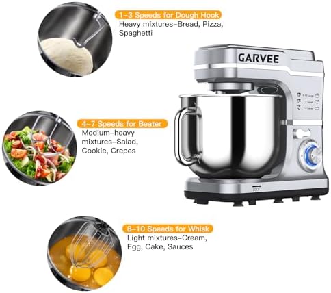 Stand Mixer, 7.5 Qt Stand Food Mixer 10 Speeds, Tilt-Head 3-IN-1 Kitchen Electric Mixer with Stainless Steel Bowl, Whisk, Dough Hook, Flat Beater, Countertop Household Stand Mixer,Silver