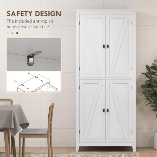 HOMCOM 72" Freestanding Kitchen Pantry Cabinet, Farmhouse 4-Door White