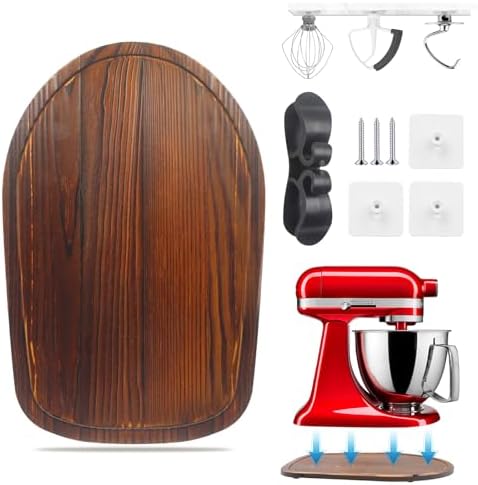 Sliding Mat for Kitchen aid 4.5-5 Qt Stand Mixer with 1Pc Cord Organizer and 3Pcs Attachment Holder for Kitchen Appliance Slider Counter, Moving Tray (4.5-5 Qt Pine Wood, Brown)