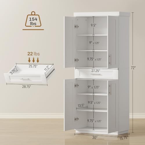HOMCOM 72" Kitchen Pantry Storage Cabinet, Freestanding Cupboard, White