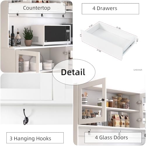 KEIKI 75" H x 63" W Kitchen Pantry Storage Cabinet with Countertop, Glass Doors, Drawers, Microwave Stand and Shelves, Tall Freestanding Wood Hutch Food Pantries Cupboard for Coffee Bar, Dining Room