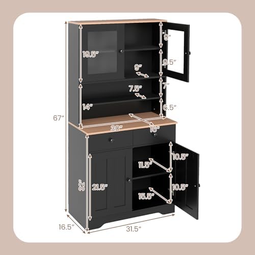 Tall Kitchen Pantry Cabinet, Freestanding Hutch Cabinet with 2 Adjustable Shelves, 2 Glass Doors & 3 Pull-Out Drawers, Wooden Buffet Hutch with Wine Rack, Countertop for Dining Room (Black)