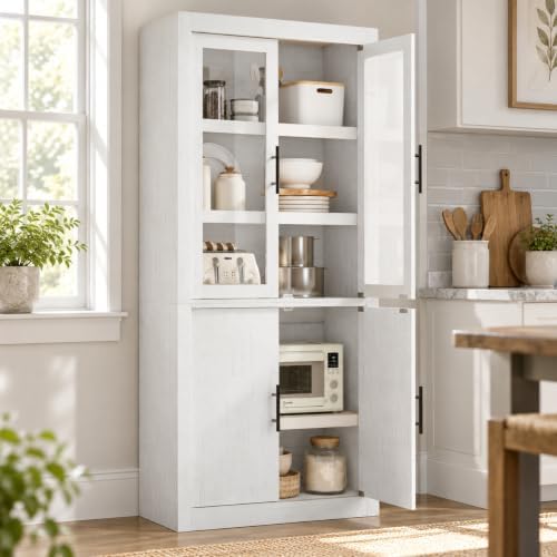 Garvee 70.4" Tall Kitchen Pantry Cabinet with Glass Doors, Retro White