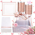 Festiva 350Pcs Rose Gold Plastic Plates - Clear Rose Gold Disposable Dinnerware Sets for 50Guests include 100 Plates 50 Cups 50Plastic Cutlery 50Napkins for Fall Party&Wedding& Bridal Shower