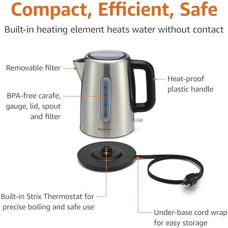 Amazon Basics Electric Stainless Steel Kettle for Tea and Coffee, BPA-Free, Fast Boiling, Auto Shut-Off, Boil-Dry Protection, 1.7 Liter, 1500W, Black and Silver - Image 3
