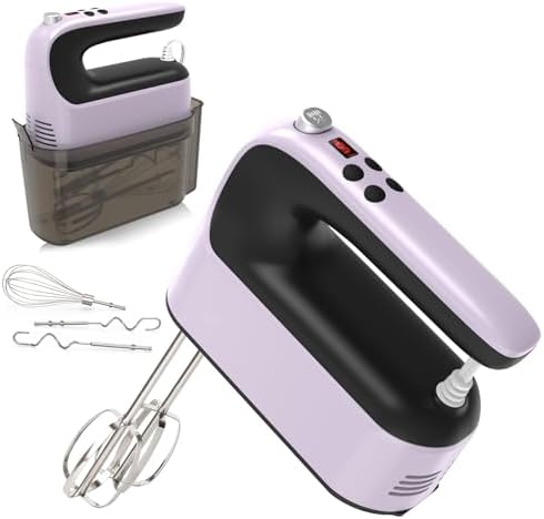 Yomelo 9-Speed Digital Hand Mixer Electric, 400W Powerful DC Motor, Hand Mixer Electric Handheld with Snap-On Storage Case, 5 Stainless Steel Accessories, Beaters, Dough Hooks, Whisk(Purple/Black)