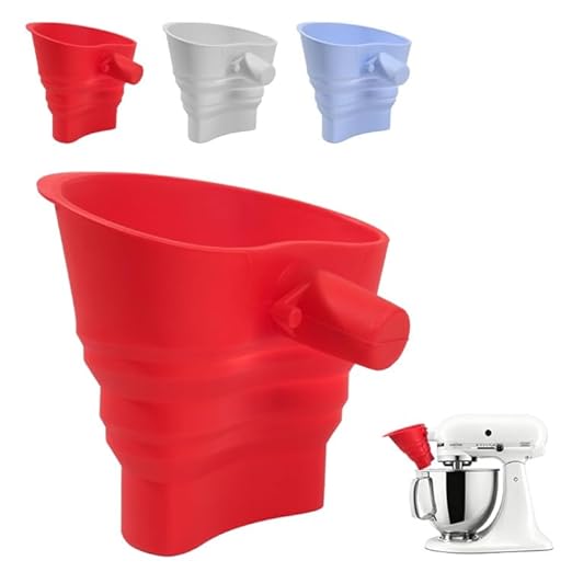 Omoiyari Silicone Flour Funnel for Kitchen Aid Stand Mixer, Food Grade BPA-Free Silicone Funnel with Easy-Pour Attachment Fits KSM150 5-Quart Tilt-Head Mixers, Mess-Free Baking Accessory (RED)