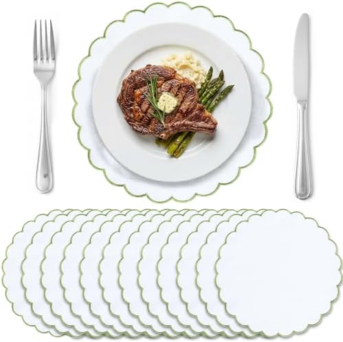 Set of 12 White Cotton Placemats 15" Round Scalloped Green