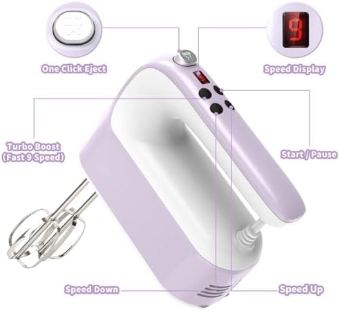 Yomelo 9-Speed Digital Hand Mixer Electric, 400W Powerful DC Motor, Hand Mixer Electric Handheld with Snap-On Storage Case, 5 Stainless Steel Accessories, Beaters, Dough Hooks, Whisk(Lilac Purple)
