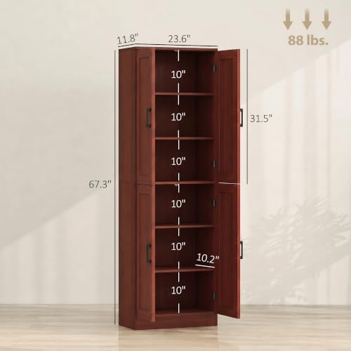HOMCOM 67" Freestanding Kitchen Pantry 4-Door Cabinet Distressed Dark Brown