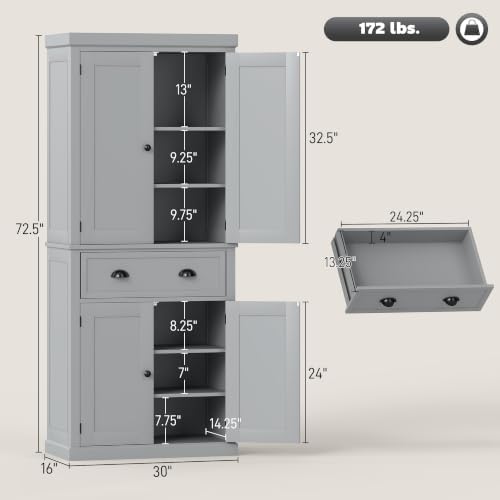 HOMCOM 72.5" Kitchen Pantry Cabinet Freestanding 4 Doors Gray