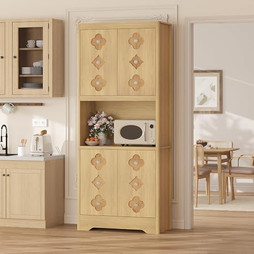 IDEALHOUSE Mid Century Modern Kitchen Pantry Cabinet, 72" Tall Storage Cabinet with Microwave Shelf, Wooden Freestand Cupboard with Carved Flower Door & Crystal Handle, for Dining Room