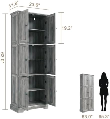 ChooChoo 63.2" Tall Bathroom Storage Cabinet with 6 Doors, Pantry Cabinet