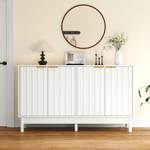 FansaFurn 50'' Buffet Cabinet with Fluted Door and Adjustable Shelves, Wood Credenzas Coffee Bar Cabinet with Edge Pull, Modern Sideboard for Kitchen, Dining Room, Living Room, White