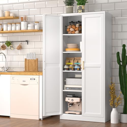 Polup 71" White Metal Kitchen Pantry Storage Cabinet with Doors and Shelves