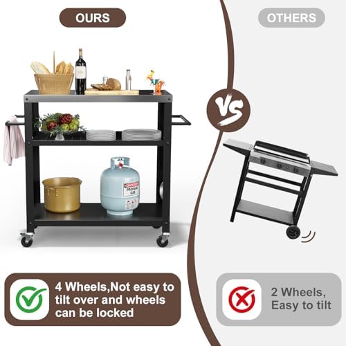 Outdoor Grill Cart Table, Indoor and Outdoor Pizza Oven Table with Three-Shelf(Black)