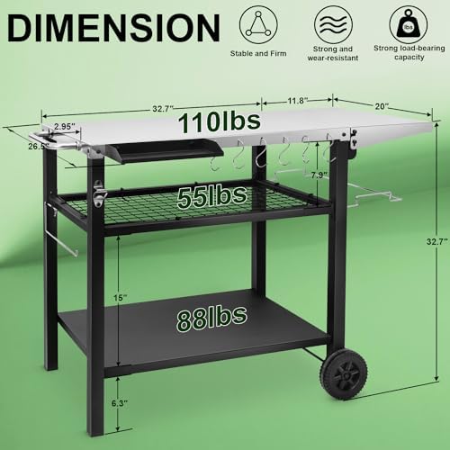 Outdoor Grill Cart Pizza Oven Stand, Three-Shelf Stainless Steel Food Prep Table Patio BBQ Grill Table Bar Cart Kitchen Island with Wheels