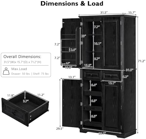 Merax Farmhouse Pantry Cabinet with Drawers and Door Shelves, Black