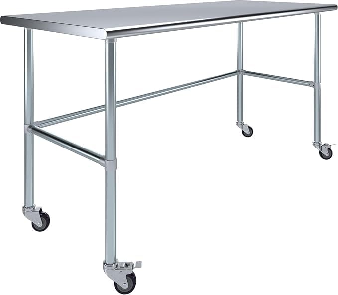 Stainless Steel Work Table Open Base & Wheels | Work Station | Metal Work Bench (Stainless Steel Work Table Open Base + Casters) (72" Long x 30" Deep)