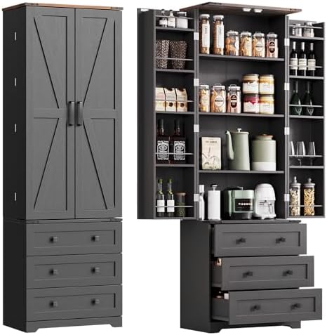 IDEALHOUSE Farmhouse Kitchen Pantry Cabinet - 72" Tall Large Wood Kitchen Storage Cabinets with Adjustable Shelves & 2 Barn Doors & 3 Drawer, Versatile Storage for Dining Room, Bathroom, Living Room