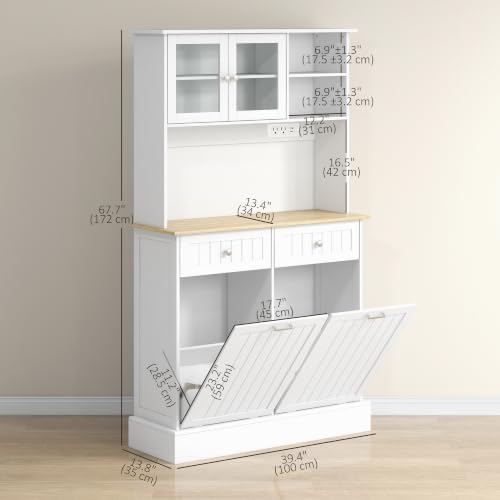 HOMCOM Kitchen Pantry with Tilt-Out Trash Can Cabinet, Power Outlet, White