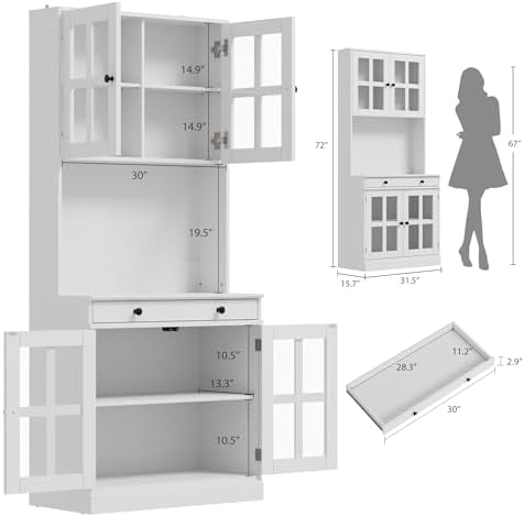 Garvee 72 Inch Kitchen Pantry Cabinet with Glass Doors, Drawer and Adjustable Shelves, Farmhouse Tall Storage Cabinet with Open Countertop, Coffee Bar Cabinet for Coffee Corner, White