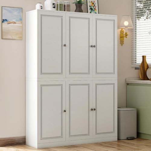 IRONCK Kitchen Pantry Storage Cabinet 47.2" W x 69" H, 6 Doors Large Storage Modern Food Pantries with 8 Shelves and Door Rack, Cupboard for Living Room Dining Room, White
