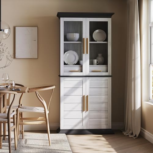 BELLEZE 72" Tall Kitchen Pantry, Large Storage Cabinet with Doors and Shelves, 2 Built-in Drawers, Freestanding Hutch Cabinet with Storage for Kitchen,Dining Room and Living Room (White)
