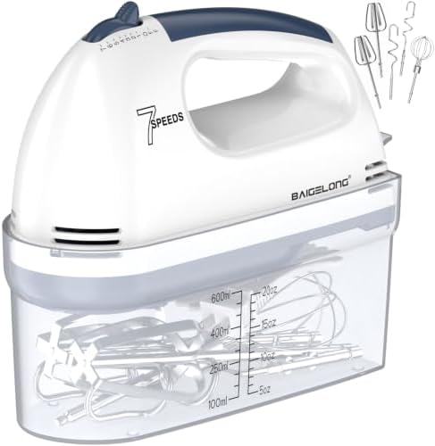 BAIGELONG Hand Mixer. 7-Speed Adjustable Kitchen Electric Mixer. With 5 Stainless Steel Attachments: 2 Hooks, 2 Beaters, 1 Whisk. Comes 1 Storage Box. Perfect for Bakers and New Starters, White