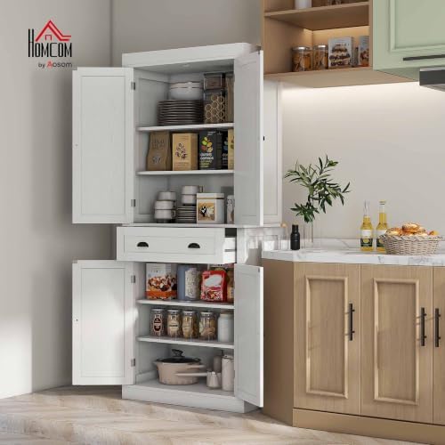 HOMCOM 72.5" Kitchen Pantry Cabinet Freestanding 4 Doors White Wood Grain