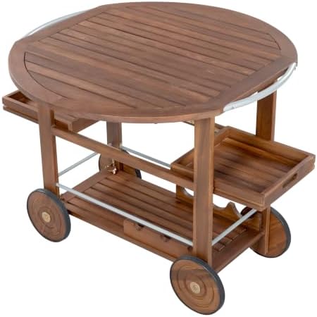 Merax Outdoor Acacia Wood Bar Cart Aluminum Accents with Drop Leaf and Removable Trays for Garden,Patio