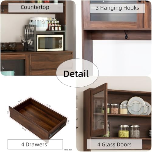 KEIKI 75" H Kitchen Pantry Storage Cabinet with Countertop, Glass Doors