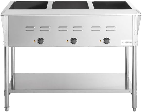 3-Pan Electric Steam Table, Stainless Steel, 120V 1500W, Open Well with Undershelf, 43x30x34 Inches, Commercial Food Warmer for Indoor Use