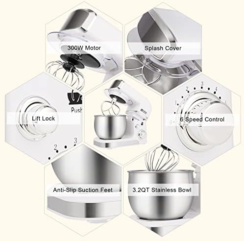 Kitchen in the box Stand Mixer,3.2Qt Mini Electric Food Mixer,6 Speeds Portable Lightweight Kitchen Mixer for Daily Use with Egg Whisk,Dough Hook,Flat Beater (White)